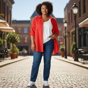 Martha Stewart Collection Button Up Shirt Women's 2X Red Linen Blend Roll Tab